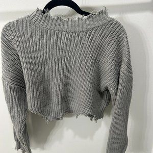 LE LIS collection; high-neck, fringed/distressed, cropped sweater